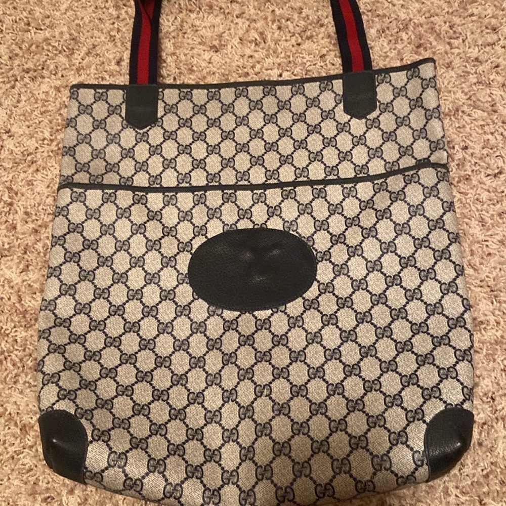 Authentic Gucci monogram web navy blue tote bag